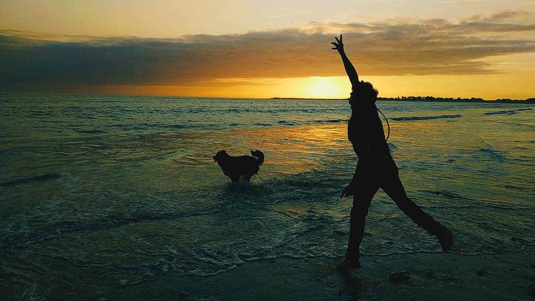 Foto contraluz hombre jugando con perro en playa