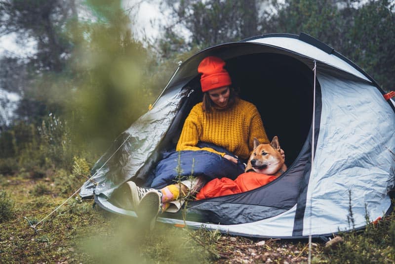 Chica con su perro en una tienda de campaña