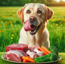Labrador relamiendose con u plato de dieta barf delante
